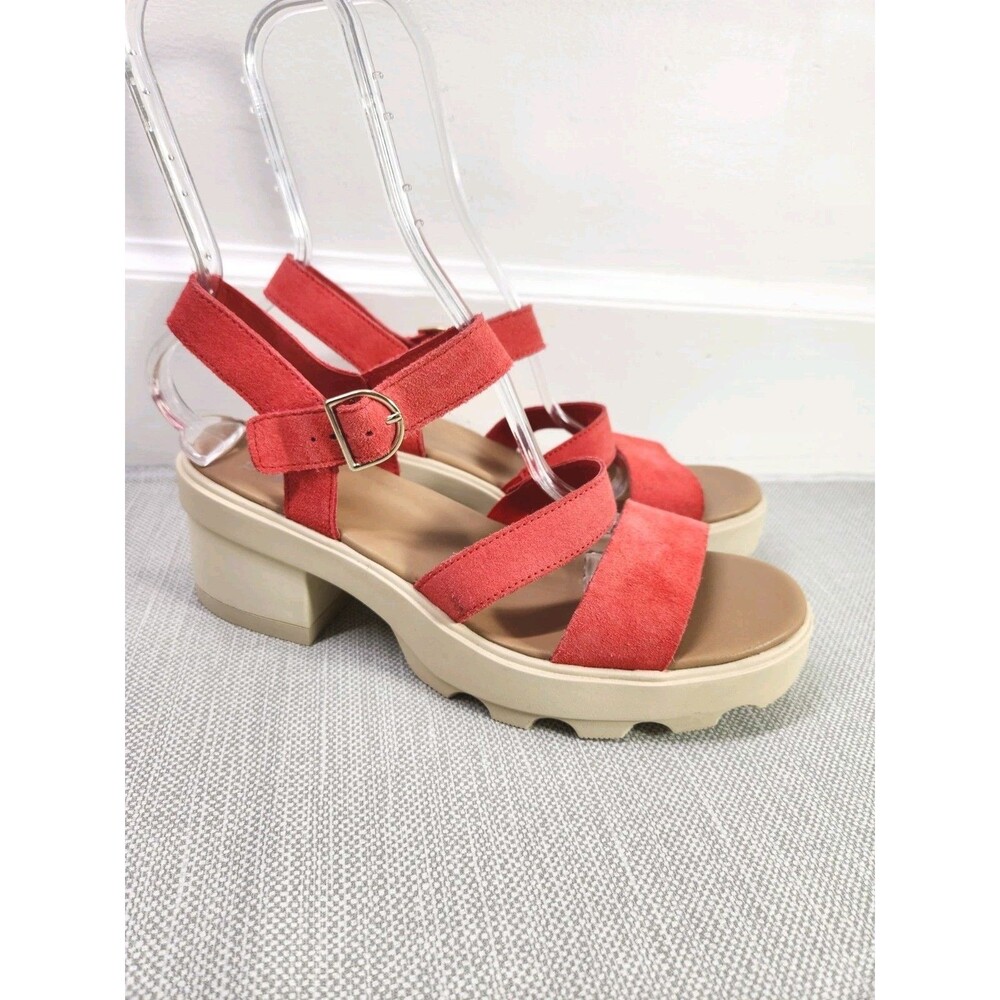 Sorel Joanie Size 10.5 Heel Ankle Strap Sandals Red Suede Women Platform